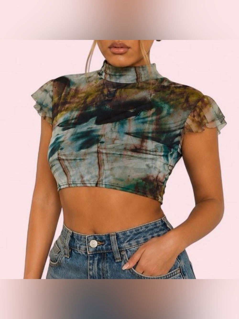 PrettyLittleThing Abstract Mesh Mock Neck Crop Top – Size US 12